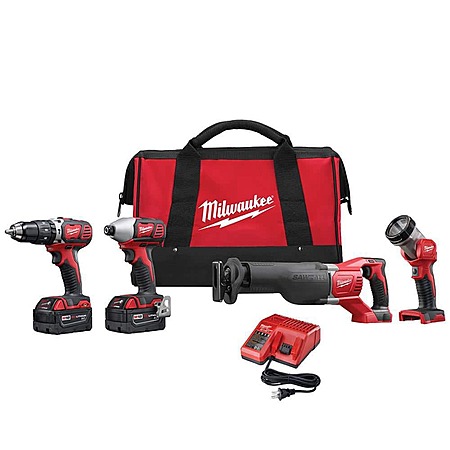 4-Tool Milwaukee 2696-24 M18 Cordless Combo Kit w/ 2 x 3.0Ah Batteries, Charger & Tool Bag (Hammer Drill, SAWZALL, Impact Driver & Work Light) $199 + Free Shipping