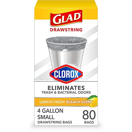 80-Count 4-Gal Glad Small Drawstring Trash Bags w/ Clorox (Lemon Fresh Bleach Scent) $7.40 w/ S&S + Free Shipping w/ Prime or on $35+