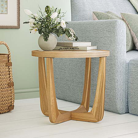 Beautiful by Drew Barrymore Rattan & Glass Side Table w/ Solid Wood Frame (Warm Honey Finish) $62.90 + Free Shipping