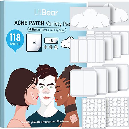 118-Piece LitBear Hydrocolloid Pimple Patches Variety Pack for Face & Body (4 Shapes/6 Sizes) $3.49 + Free Shipping w/ Prime or on $35+