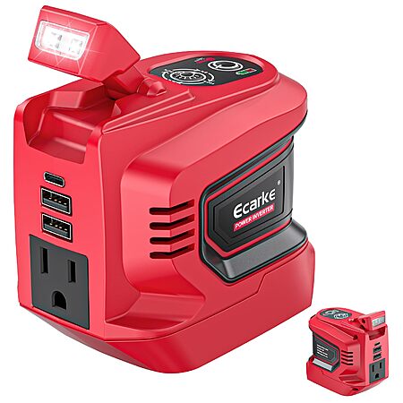220W Ecarke Inverter for Milwaukee 18V Batteries w/ AC Outlet, 2x USB-A, USB-C & LED Light (Tool Only) $20.99 + Free Shipping w/ Prime or on $35+