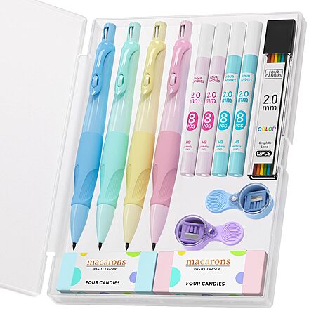 4-Piece Four Candies 2.0mm Ergonomic Mechanical Pencil Set w/ Lead Refills, Erasers & Sharpeners (Pastel Macaron) $5.99 w/ S&S + Free Shipping w/ Prime or on $35+