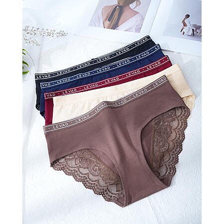 5-Pairs LEVAO Women's Cotton Cheeky Bikini Underwear w/ Lace Trim (various) $6 & More