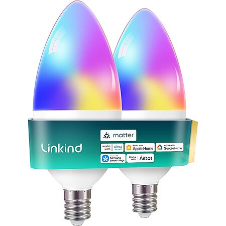 2-Pk Linkind Matter Smart Color-Changing B11 E12 Candelabra LED Light Bulbs $10
