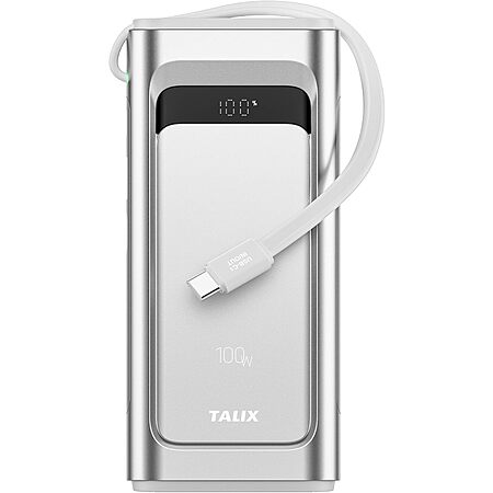 TALIX 100W 10,000mAh Portable Charger Power Bank w/ Built-In USB-C Cable (Silver) $17.50
