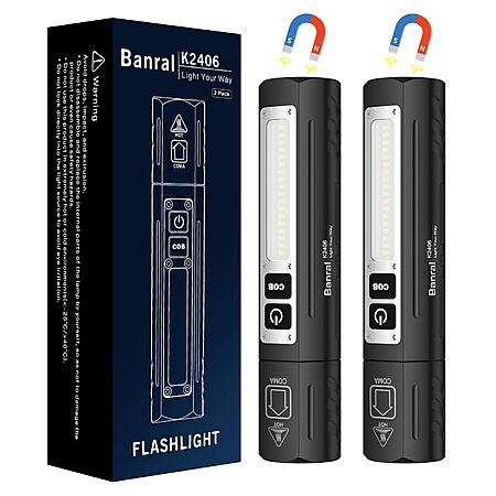 2-Pk Banral Zoomable 1000 LM 8-Mode Rechargeable Magnetic LED Flashlights $13