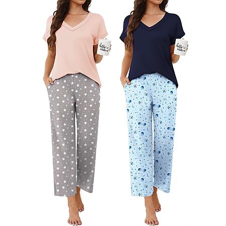 2-ct Ekouaer Women’s V-Neck Short Sleeve Pajama Sets w/ Ankle-Length Pants $15
