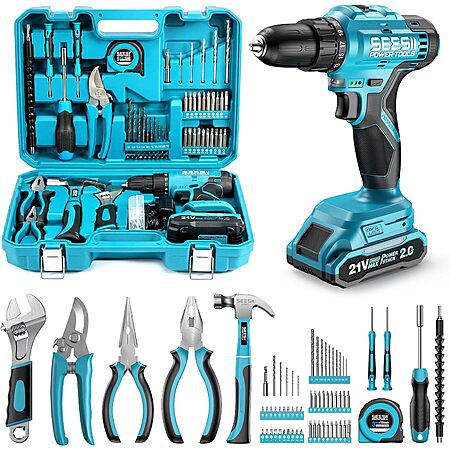 SEESII 21V Cordless Drill & Home Tool Kit w/ 2.0Ah Battery & Charger $36 + Free S&H