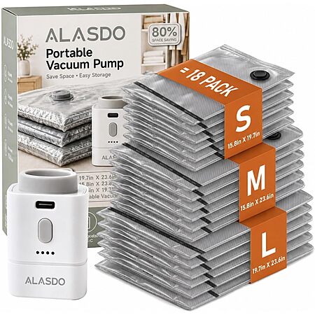 18-Count ALASDO Travel Vacuum Storage Bags w/ USB-C Rechargeable Electric Pump (Various Sizes) $17.49 + Free Shipping w/ Prime or on $35+