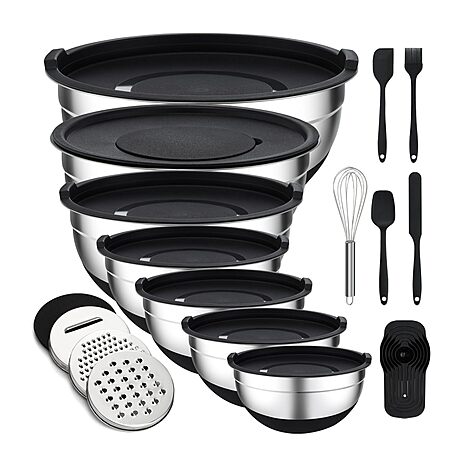16-pc Unokit Stainless Steel Nesting Mixing Bowl Set w/ Lids, Graters & Utensils $25