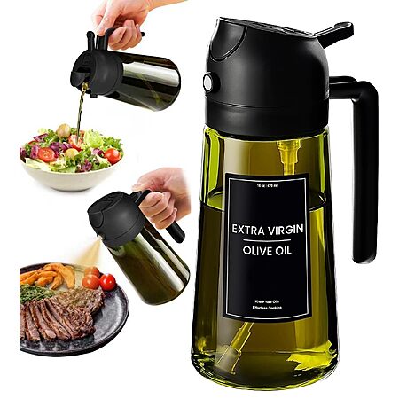 16-Oz XBllcyiv 2-in-1 Glass Olive Oil Sprayer & Dispenser w/ Labels (Black or Green) $4.99 + Free Shipping w/ Prime or on $35+