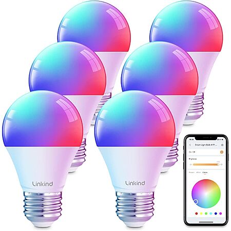 6-Pk Linkind A19 E26 Dimmable Color Changing RGBTW Smart Light Bulbs $19