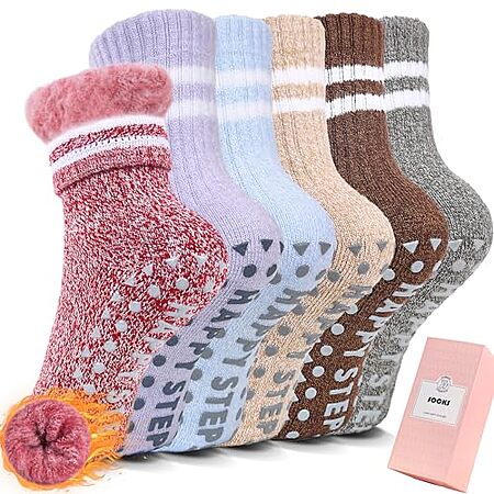 6-Pairs HUGSWEET Kids' Fuzzy Slipper Socks w/ Non-Slip Grips (6-12, Multicolor) $6.50