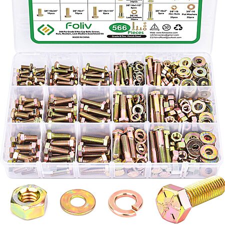566-Piece Foliv Grade 8 Bolt, Nut & Washer Assortment Kit (1/4"-20, 5/16"-18 & 3/8"-16) $24.49 + Free Shipping w/ Prime or on $35+