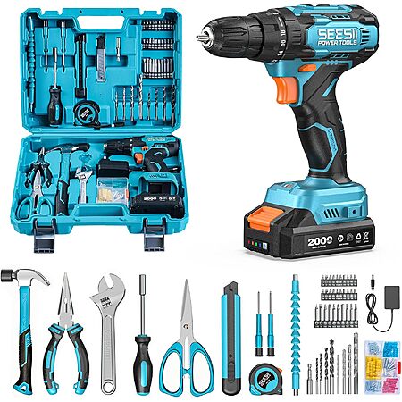 SEESII 21V Cordless Drill & Home Tool Kit w/ 2000mAh Battery & Charger $36 + Free S&H