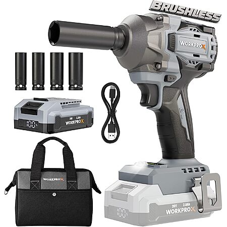 WORKPROX 20V Brushless 1/2" Cordless Impact Wrench w/ 4.0Ah Battery, 4 Sockets & Storage Bag (440 Ft-Lbs) $69.99 + Free Shipping