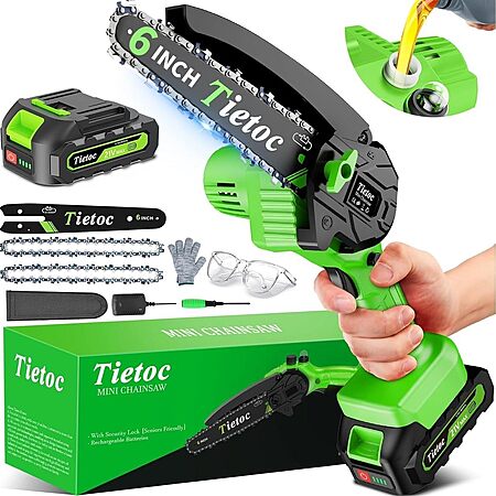 Tietoc 6" 880W Cordless Mini Chainsaw w/ 2000mAh Battery, 2 Chains & Auto Oiler (Green) $15.99 + Free Shipping w/ Prime or on $35+