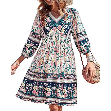 BTFBM Women's Floral V-Neck Ruffle Mini Dress w/ 3/4 Balloon Sleeves (various) $15 + Free S&H