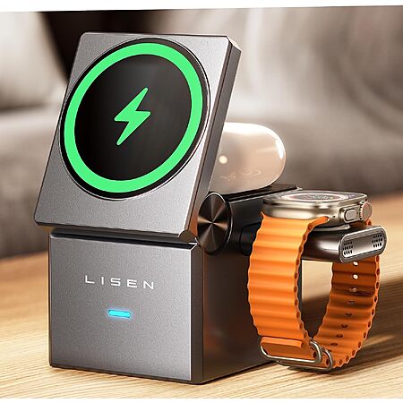 LISEN Qi2 15W 3-in-1 Foldable Magnetic Wireless Charging Station for iPhone, Apple Watch & AirPods $23.99 + Free Shipping w/ Prime or on $35+