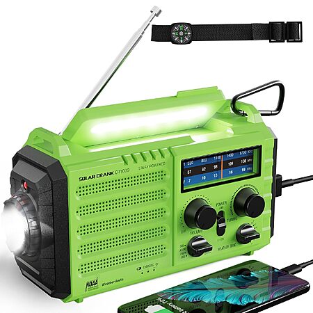 [Prime] ROCAM 5000mAh Solar Hand-Crank NOAA Emergency Weather Radio w/ AM/FM/SW, Flashlight & SOS Alarm (Green) $14.24 + Free Shipping