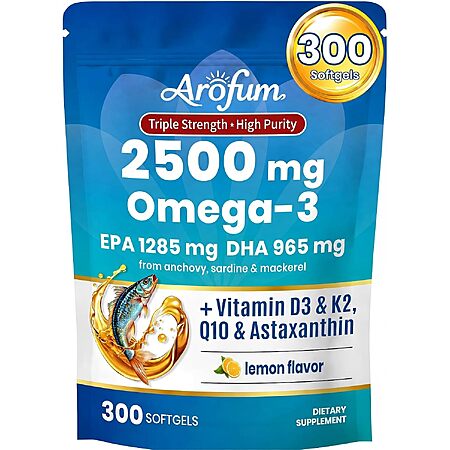 300-Count Arofum Omega-3 Fish Oil Softgels w/ Vitamin D3, K2, CoQ10 & Astaxanthin (Lemon) $9.99 w/ S&S + Free Shipping w/ Prime or on $35+