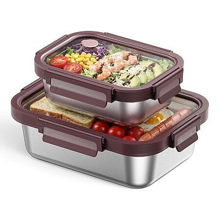 2-Pc GENICOOK 316 Stainless Steel Food Storage Container Set w/ Leakproof Glass Lids