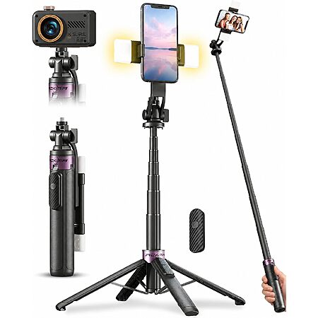 53" ACKIMA Selfie Stick Tripod w/ 4-Leg Base, Dual Fill Lights & Wireless Remote (Black/Purple) $12.99 + Free Shipping w/ Prime or on $35+