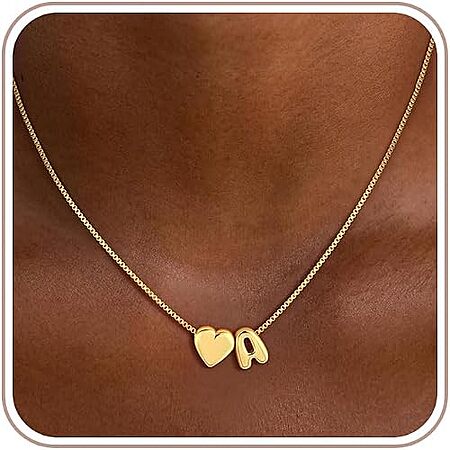 Decholly 14K Gold-Plated Heart Initial Pendant Necklace w/ 16"+2" Adjustable Chain (Various Letters)
