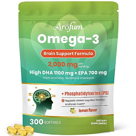 300-Count Arofum 2000mg Omega-3 Fish Oil Softgels w/ 1100mg DHA, 700mg EPA & 200mg Phosphatidylserine $8.99 + Free Shipping w/ Prime or on $35+