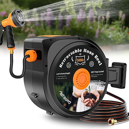 HooSeen Wall-Mounted Retractable Garden Hose Reel w/ 10-Pattern Spray Nozzle: 50' $49.99 or 100' $64.97