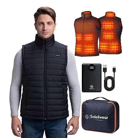 Soleilwear Men's Heated Vest w/ 9 Heating Zones, 3 Heat Settings & 10000mAh Battery (S-XXL)