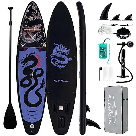 11' FunWater Inflatable Stand Up Paddle Board w/ Paddle, Pump, Backpack & Accessories (Black/Purple or Red Dragon)