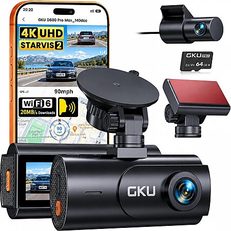 GKU 4K Front & 1080P Rear Dual Dash Cam w/ Sony STARVIS 2 Sensor, WiFi 6, GPS, Voice Control & 64GB Card