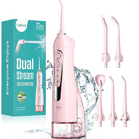 COSLUS C20 ADA Accepted Cordless Rechargeable Water Flosser w/ 300mL Tank, 3 Modes & 5 Tips (Pink)