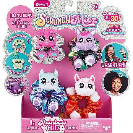 4-Pack ScrunchMiez Hair Scrunchie to Cute Plush Friend & Backpack Clip ...