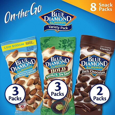 8-Pack 0.75-Ounce Blue Diamond Almonds Snack Nut Variety Pack (Lightly Salted, Wasabi & Soy Sauce, Dark Chocolate) $3.76 w/ S&S + Free Shipping w/ Prime or on $35+
