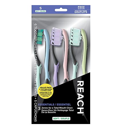 6-Count REACH Essentials Toothbrush with Toothbrush Caps (Soft) $3.18 w/ S&S + Free Shipping w/ Prime or on $35+