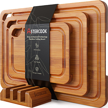 Astercook 4-Piece Bamboo Cutting Board Set w/ Holder & Juice Grooves $23.99 + Free Shipping w/ Walmart+ or on $35+
