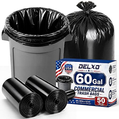 50-Count Delxo 55-60 Gallon Heavy Duty Trash Bags (38" x 56") $12.77 w/ S&S + Free Shipping w/ Prime or on $35+