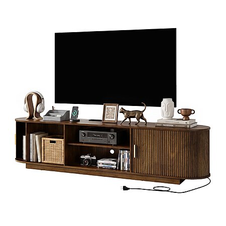 55" Doyolan Mid-Century Modern TV Stand w/ Sliding Tambour Doors & Built-In Power Outlet (Base-Walnut)