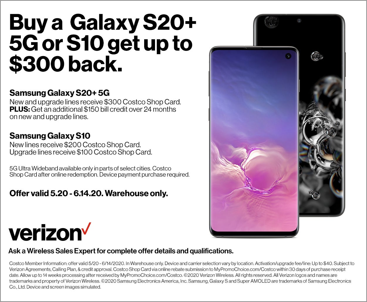 Costco In-Store Offer: Verizon Samsung Galaxy S20+ 5G for $689.99 after $300 Card and $150 Bill Credit w/ Purchase (New + Upgrade Lines) $689.99