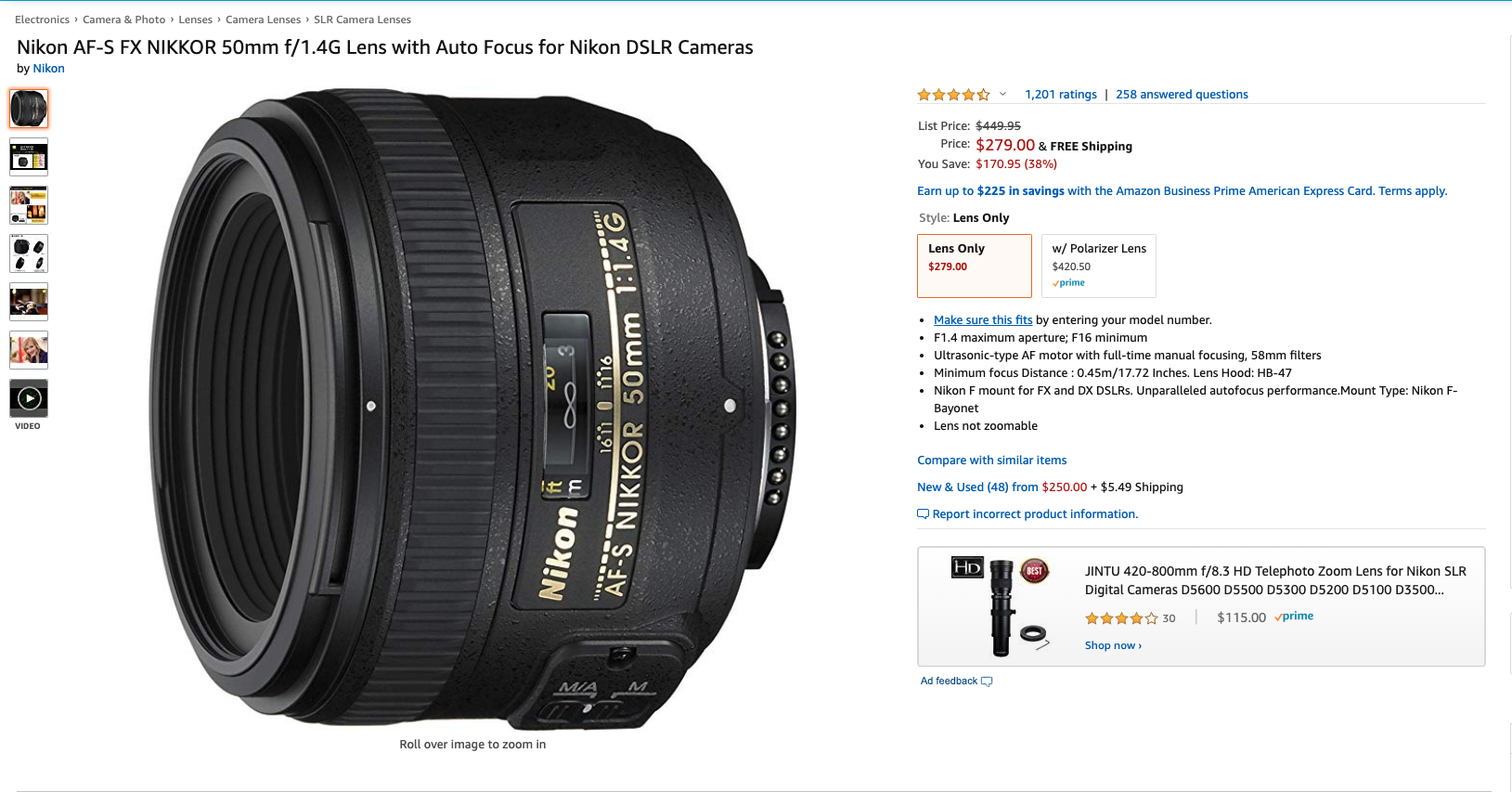 Nikon AF-S Nikkor 50mm f/1.4G Wide Angle Lens $279