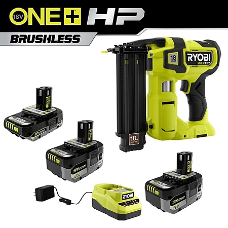 RYOBI Brushless Brad nailer Kit w/ (2) 4.0 Ah Batteries, 2.0 Ah Battery, and Charger - $199.99