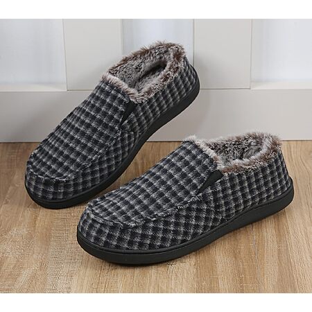 Men's Warm Moccasin Slippers Comfy Memory Foam House Shoe,Black-white, 10, 11 US