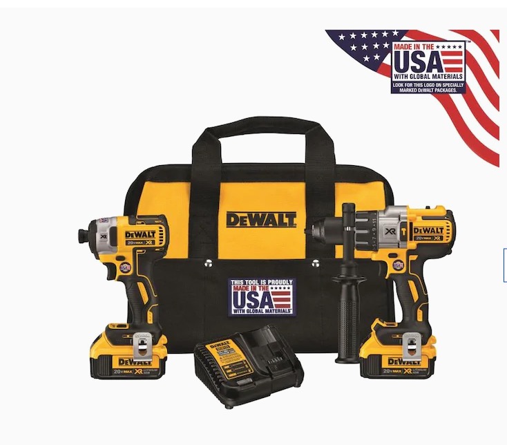 YMMV DEWALT XR 2-Tool 20-Volt Max Brushless Power Tool Combo Kit with Soft Case (Charger Included and 2 x 4Ah-Batteries Included) $179