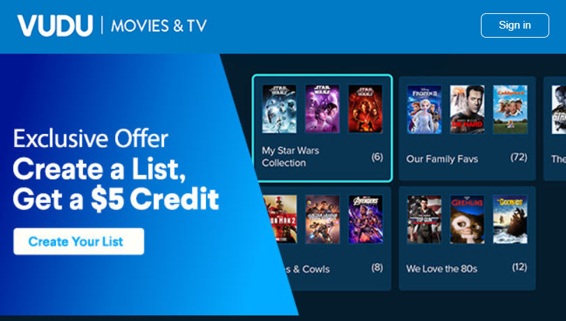 Targeted Vudu Offer, Create a List, Get a $5 Credit.