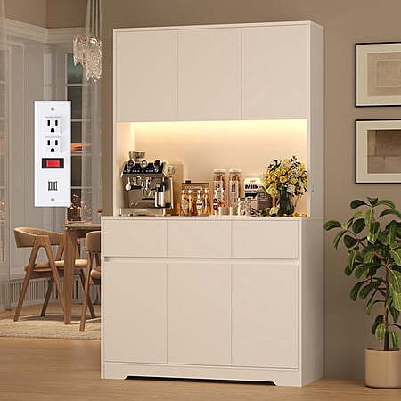 Homfa 70.9" Tall Kitchen Pantry Cabinet w/ Charging Station, LED Light & 3 Drawers (3-Colors)