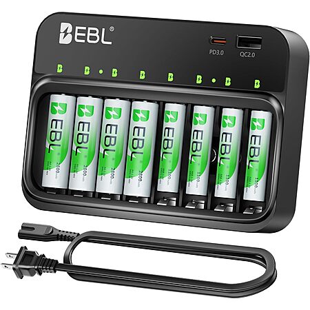 Rechargeable Batteries&Charger, 4 AA 2800mAh & 4 AAA 1100mAh w/PD 20W USB-C & USB-A Ports $15.99