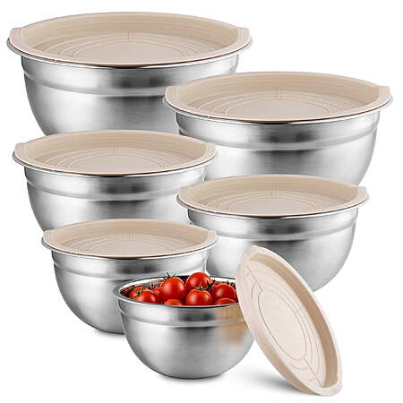 NULAS 6-Piece Stainless Steel Mixing Bowl Set with Lids, Nesting Metal Bowls for Kitchen