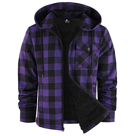 V VALANCH Men's Sherpa Lined Flannel Jacket with Hood Full-Zip Fleece Coat